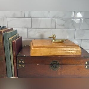 Vintage Wooden Box Brass DUCK Handle Filled With Dominoes Rae
